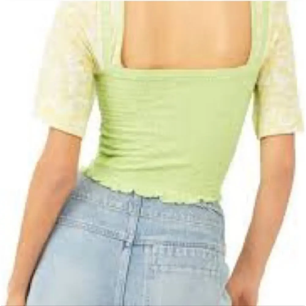 NWT Free People Smocked Crop Short Sleeve Top Key Lime Combo size Medium